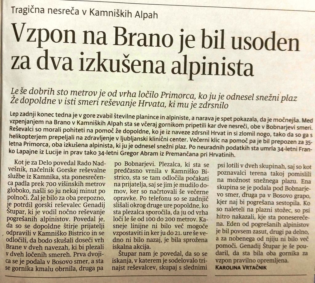 Kronologija večjih nesreč v slovenskih gorah